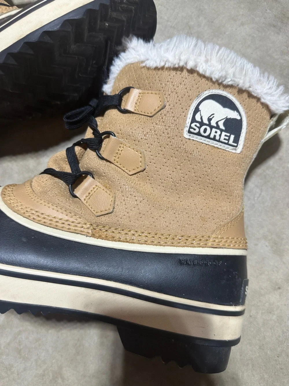SOREL Tivoli Insulated Two-Tone Waterproof Boots in Tan and Black